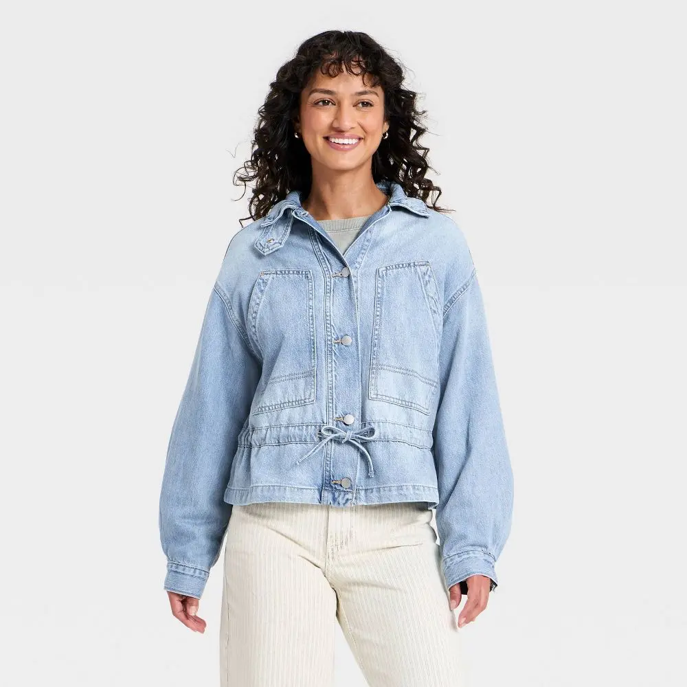 Women's Cinched Denim Jacket - Tops, Coats Garment with Pocket, Durable Fabric, Universal Fit