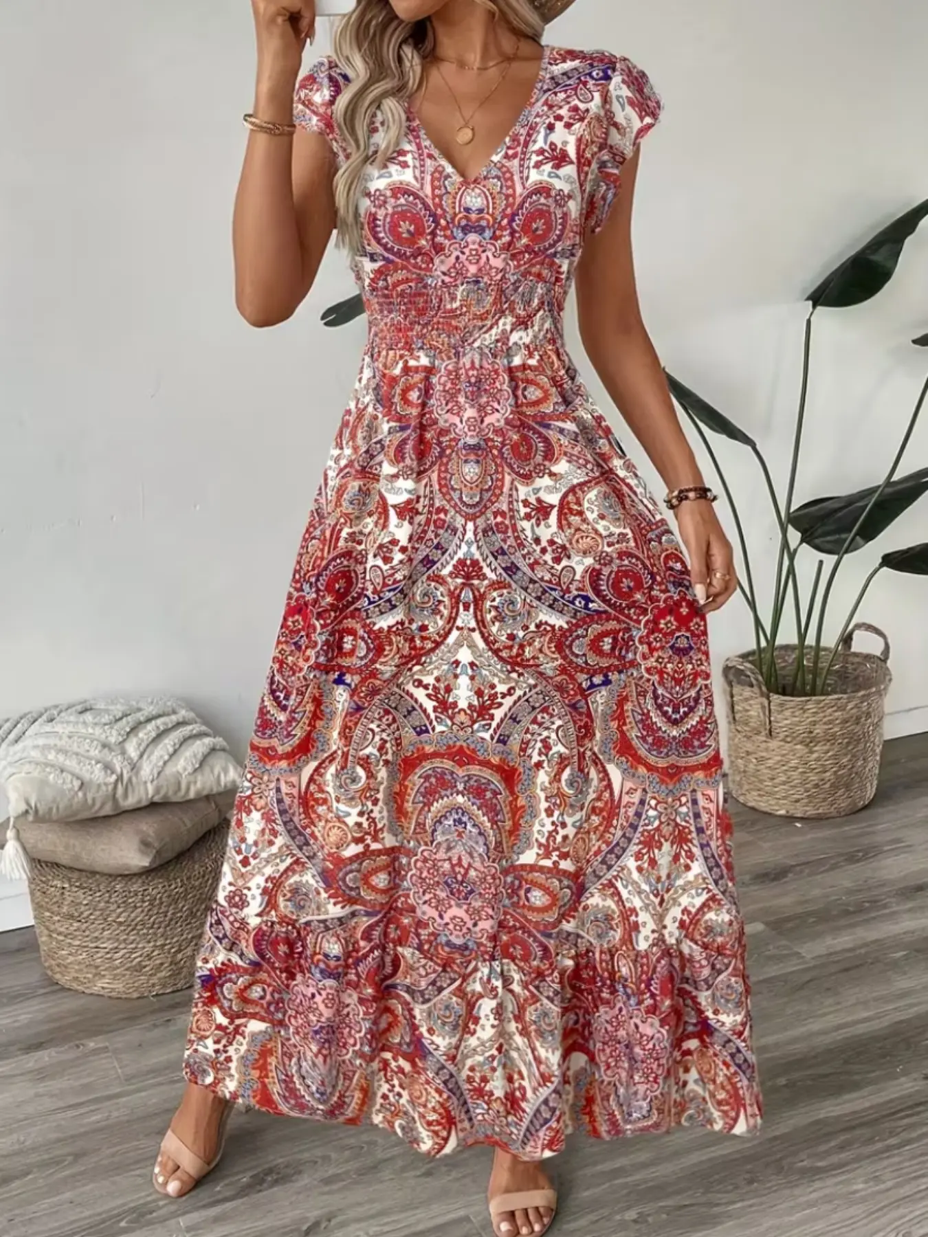 Women's Summer Vacation Casual Boho Style New European Fashion Boho Bohemian Paisley Floral Print Patchwork Short Sleeve V Neck Long Dress, Trendy Women's Clothing