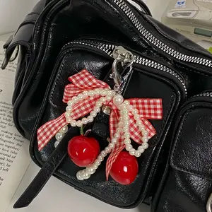 Cherry plaid bow, pearl lace bow girl heart bag pendant strawberry ins wind keychain