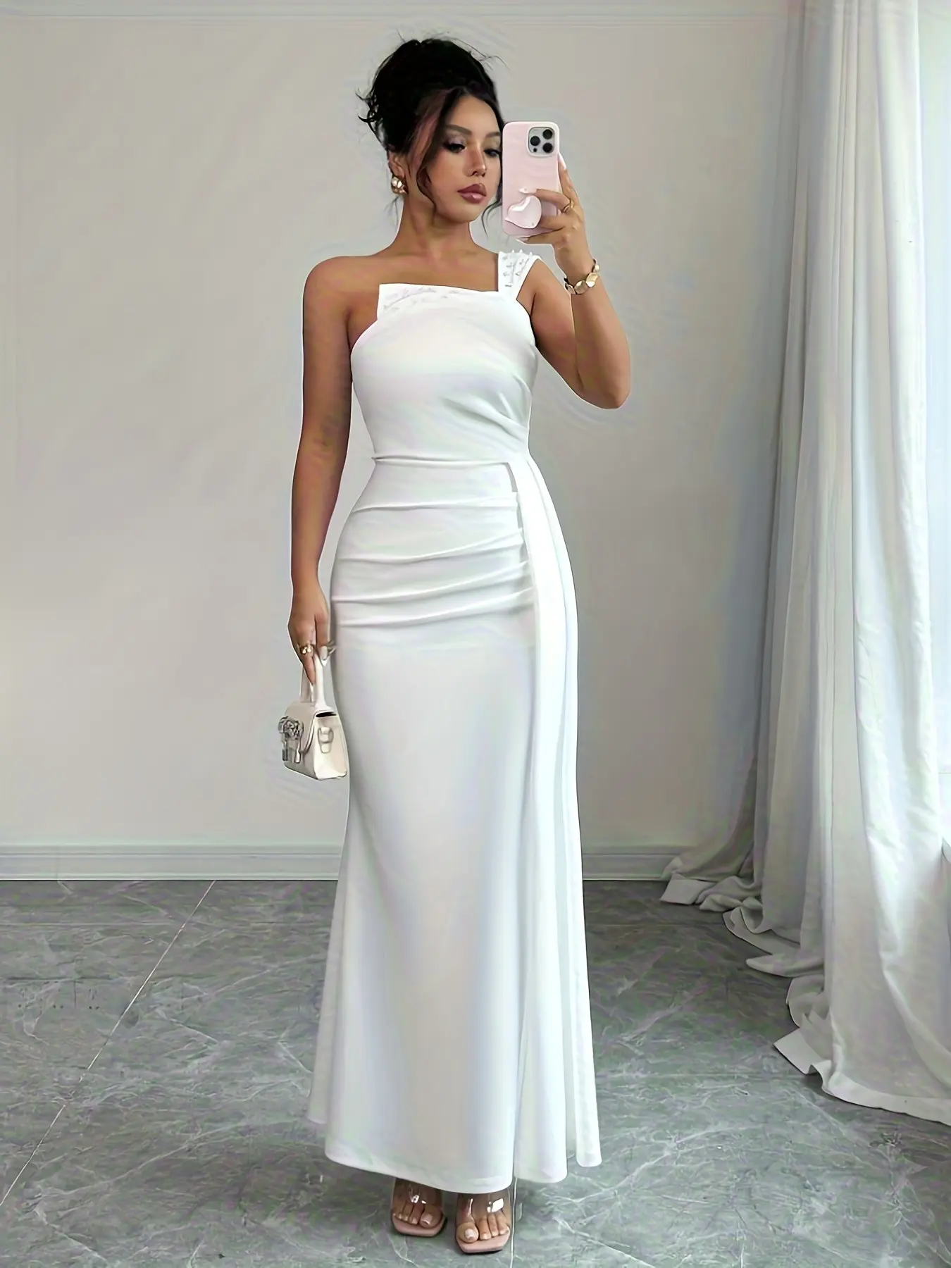 Elegant Classy Flattering Beaded Pleated Waist Sleeveless Dress for Women, Office Dress, Formal Dress, Church Dress, Wedding Dress, Festival Dress, Business Casual Wear, Tight Fit Dress, Elegant Formal Style