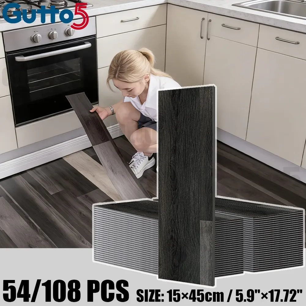 54/108 Pieces Retro Wood Grain Pattern Peel and Stick Floor Tiles, Waterproof and Durable Vinyl Flooring for Kitchen Living Room Bathroom Office, Easy DIY Installation and Home Renovation, Waterproof PVC Material, Wood Look Tiles-Gutto5
