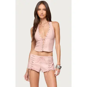 Edikted Women's Elisha Lace Up Faux Leather Halter Top