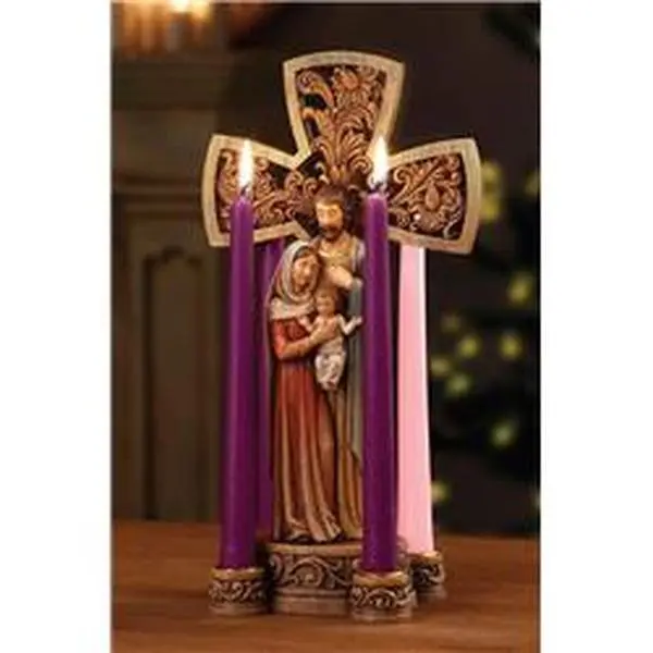Christian Brands B4131 14"h x 5" Traditional Religious Holy Family Advent Wreath Candle Holder, Rose Accent, Nativity Scene Candle Decor, Christmas Indoor Home Gift with Box