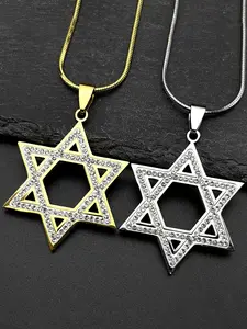 Israel Hexagram Jewish Magen David Stainless Steel Pendant Necklace for Women Men Star of David Rhinestones Chain