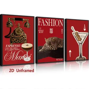 Set of 3: Red Fashionable Leopard-Print Wall Art, Stylish Cheetah Poster, Lucky Martini Painting, Retro College-Style Artwork, Aesthetic Cheetah Wall Decor—Perfect for Girls' Bedrooms, Apartments, and Dorm Rooms. Frameless.