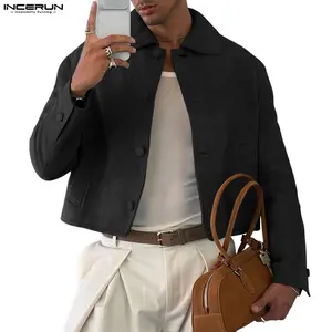 INCERUN Men's Autumn Suede Texture Longsleeve Cropped Boxy Jacket - Peter Pan Collar Plain Minimalist Coat, Retro Vintage Street Fashion Outerwear with Quality Fabrics