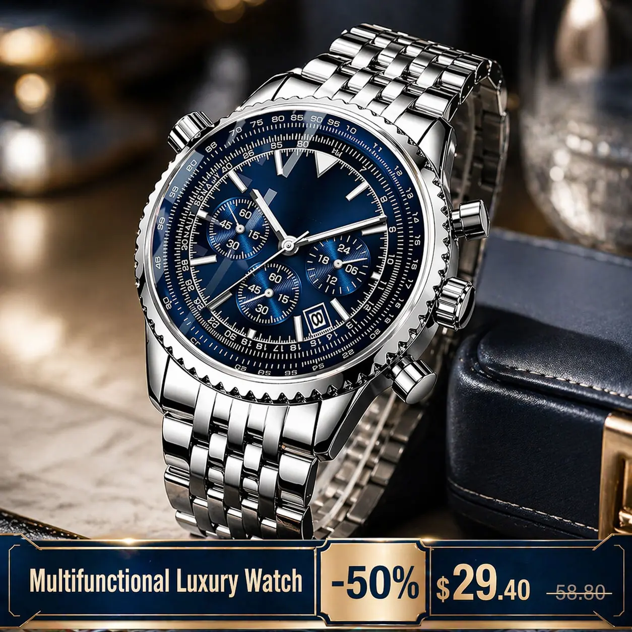 Men's 40mm Vintage Pilot Chronograph Analog Watch - Old Money Style, Stainless Steel, All-Metal, Crystal-Style Luxurious Quartz Watch for Gentlemen, Stainless Steel Watch