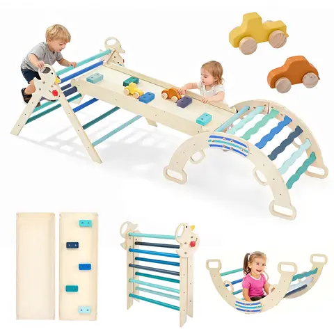 9-in-1 Compact Wooden Montessori Climbing Set - Sturdy Tri-Base Unisex Playroom Home Playground Equipment, Confidence Climbing Toddler Toy with Arch, Ramp, Ladder for 3-4 Years Olds, Toys for Boys
