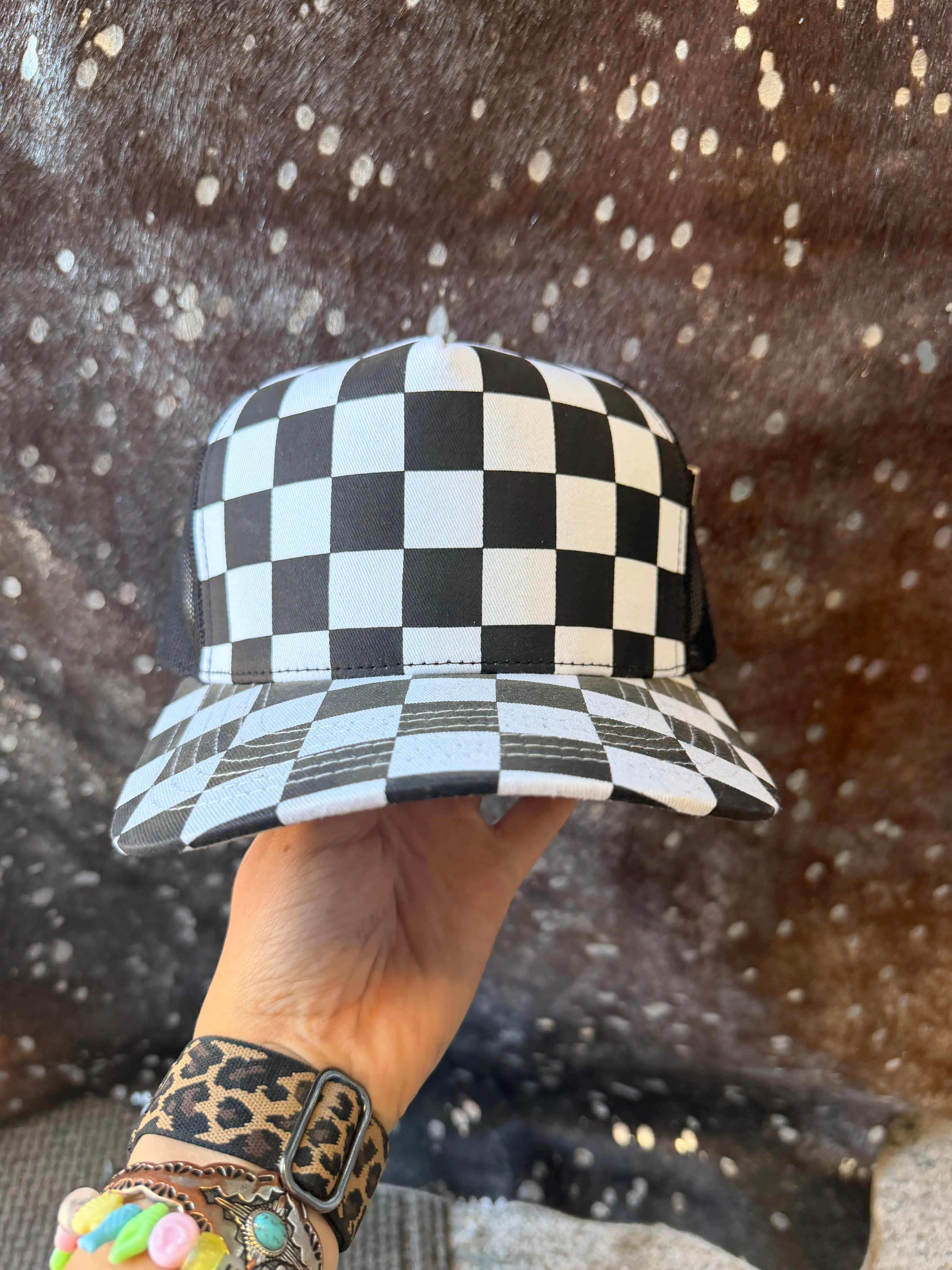 Checkered Print Baseball Cap, Structured Brim Design, Denim-Style Option for Skaters, Road Trips and Festivals, Black And White, Streetwear Hats, Bucket Hat, Bold Topper, 90S Graphic Hats