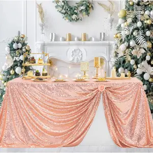 Rose Gold Polyester Mesh Round Sequin Table Cloth, 50x80 in Fitted Rectangle Cover, Glitter Overlay for 4 FT Food Dessert Cake Tables – Party, Wedding Decoration