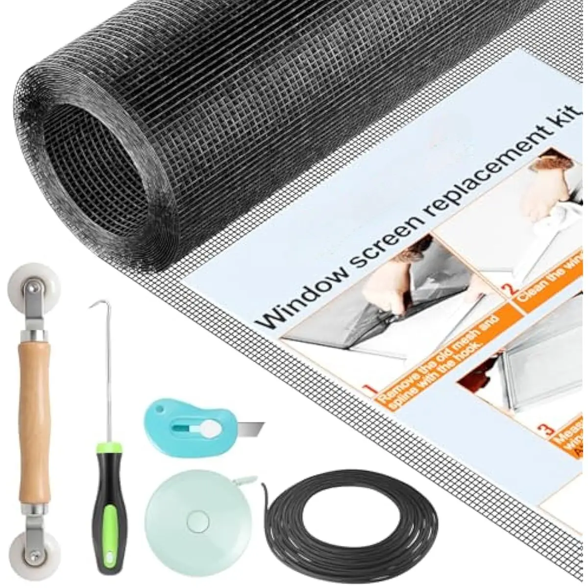 Window Screen Repair Kit, High-Durability Washable Fiberglass Mesh (48"x118" Roll), Wood Handle Dual-Bearing Roller + Tools, Good Light Transmittance for Household & Light Commercial DIY Projects, Home Window & Door Hardware Solution