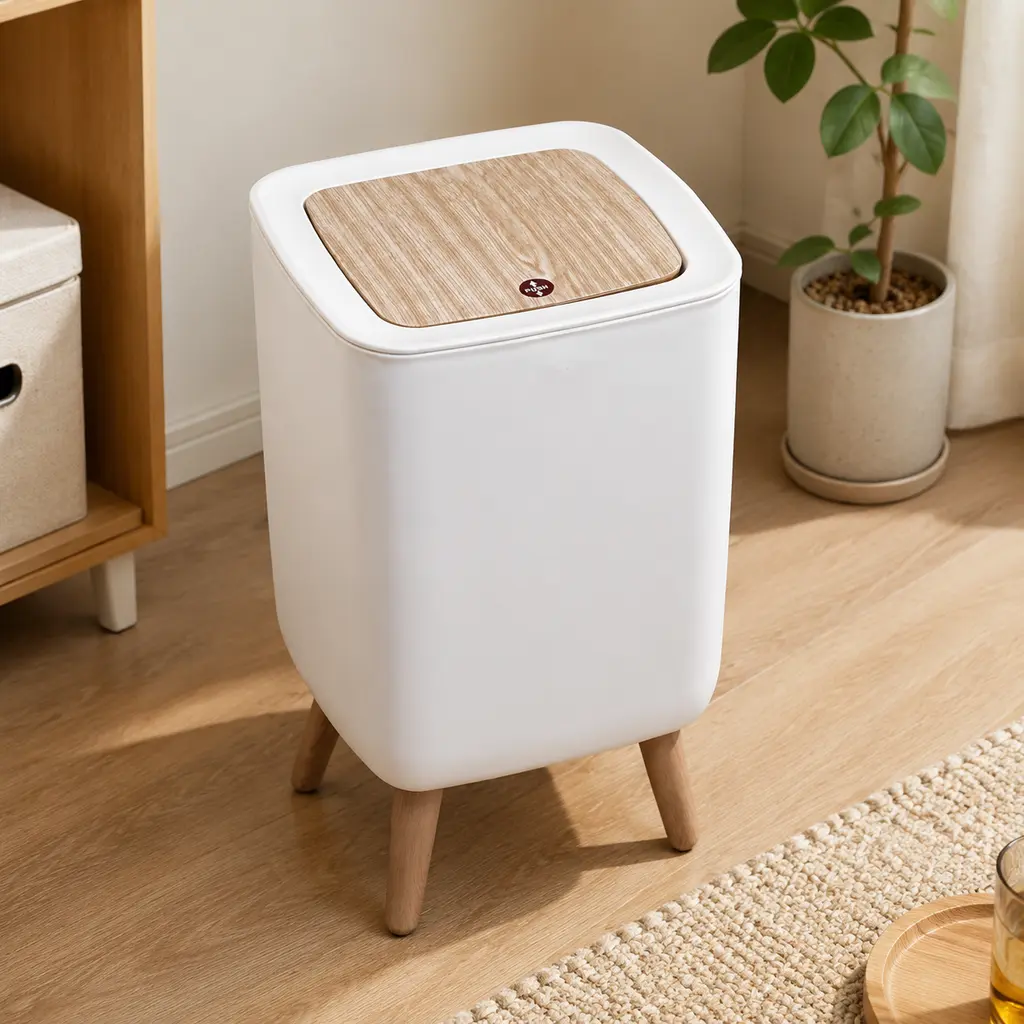 Press-Down Lid Trash Can with Detachable Wooden Legs - Single Unit, Slim Height, Odor Control, Sealed, Modern Design, Dual-Direction Tipping, Space-Saving, Office-Style, for Bathroom, Kitchen, Cabinet Interiors Daily Use, Detachable Legs, With Lid
