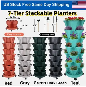7-Tier Stackable Planters Vertical Planter Garden Flower Pot w/ 4 Wheels & Tools