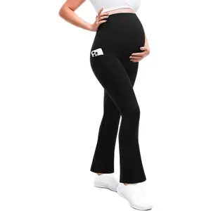Women's Maternity Flare Leggings with Pockets - Over-The-Belly, Soft Maternity Clothing for Yoga, Workout Activewear Pants