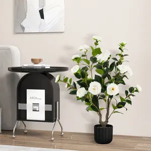 COSTWAY 38’’ Artificial Camellia Tree, 1/2 Pack Flower Plants Artificial Tree, Faux Floral Plant Blooming Tree in Cement Pot, Greenery Potted Plant for Indoor Outdoor Office Home Porch Decor