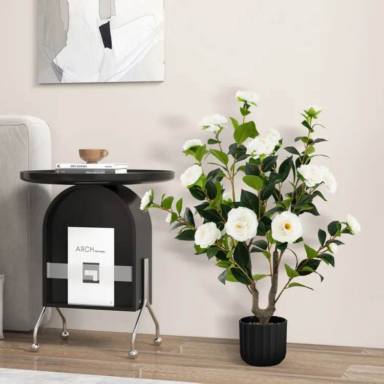 COSTWAY 38’’ Artificial Camellia Tree, 1/2 Pack Flower Plants Artificial Tree, Faux Floral Plant Blooming Tree in Cement Pot, Greenery Potted Plant for Indoor Outdoor Office Home Porch Decor