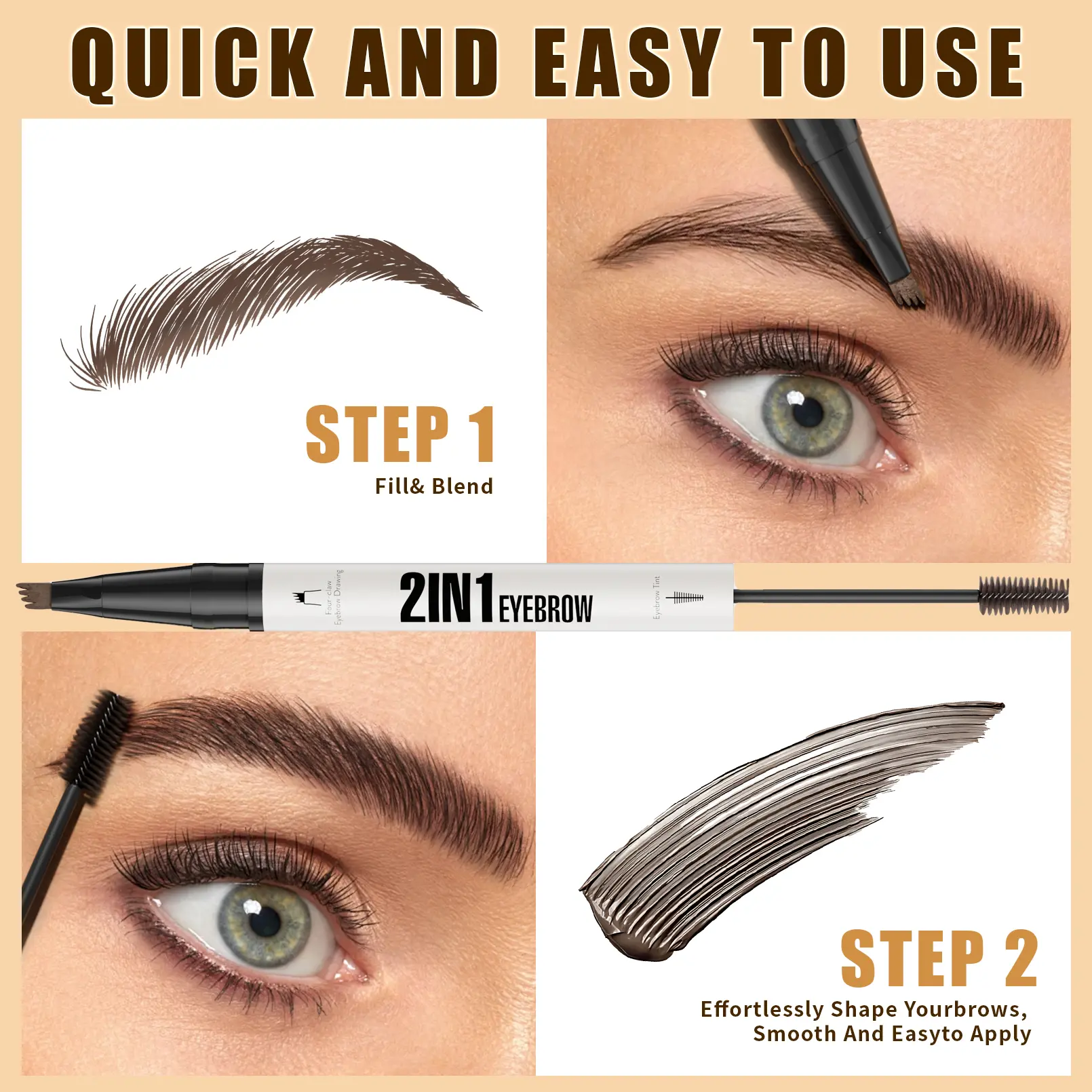 Double-Sided 2-in-1 Eyebrow Pencil & Tinted Gel, Salon-Quality Flawless Makeup Tool, Waterproof, Long-Lasting, Smudge-Proof, Smooth, Silky Natural Hair-Like Strokes for Daily Use