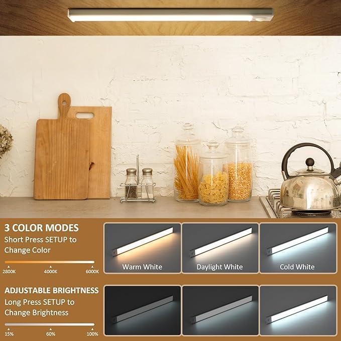 4 Pack Motion Sensor Under Cabinet LED Lights, USB Rechargeable Battery Powered Wireless Magnetic LED Strip Lights, Stick-On Night Light for Kitchen Counter Closet Wardrobe Cupboard Stair, Auto Shut-Off, Eye-Care Soft Gradual Brightness