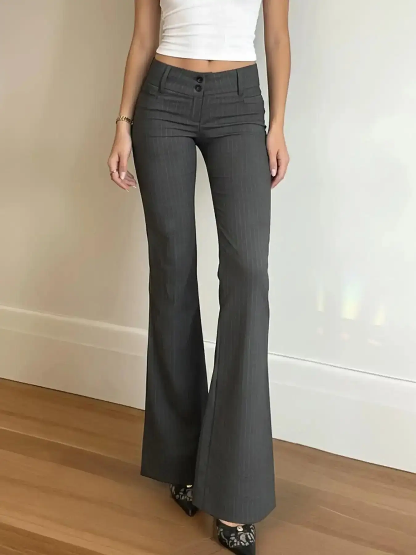 Modern Vertical Striped Flare Suit Pants for Women, Y2K Style Low Waist Slim Fit Fitted Casual Long All Seasons Commuter Wear Bottom, Womenswear, tailored comfort, sleek line, flattering drape