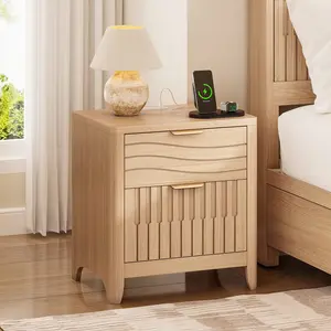 Fluted Nightstand with 2 Storage Drawers for Bedroom Natural Oak
