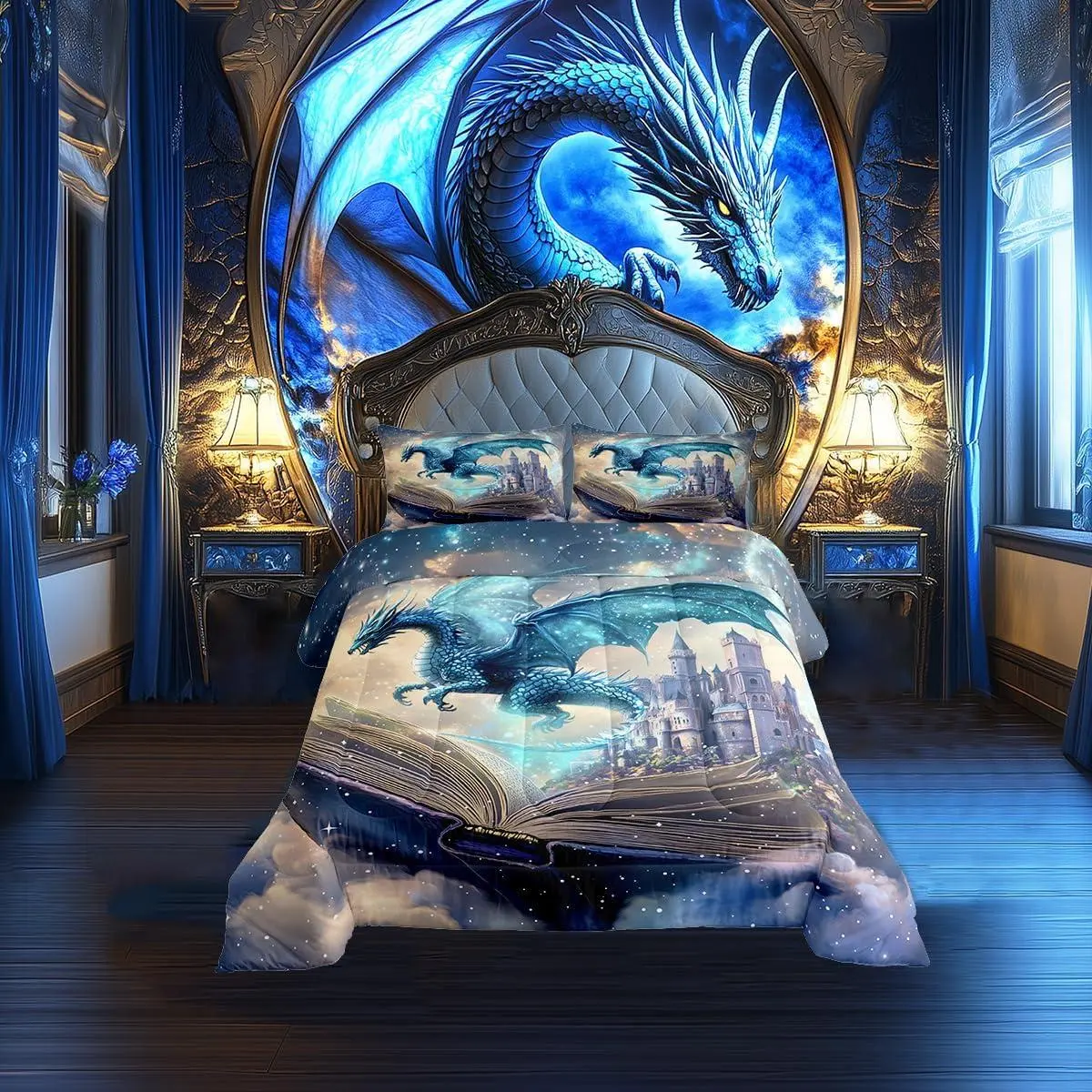 3D Dragon Bedding Set,Funny Fantasy Book Pattern Comforter Set for Kids Teens Room Decor Mid-Century Castle Duvet Insert Western Wild Animal Down Comforter Set