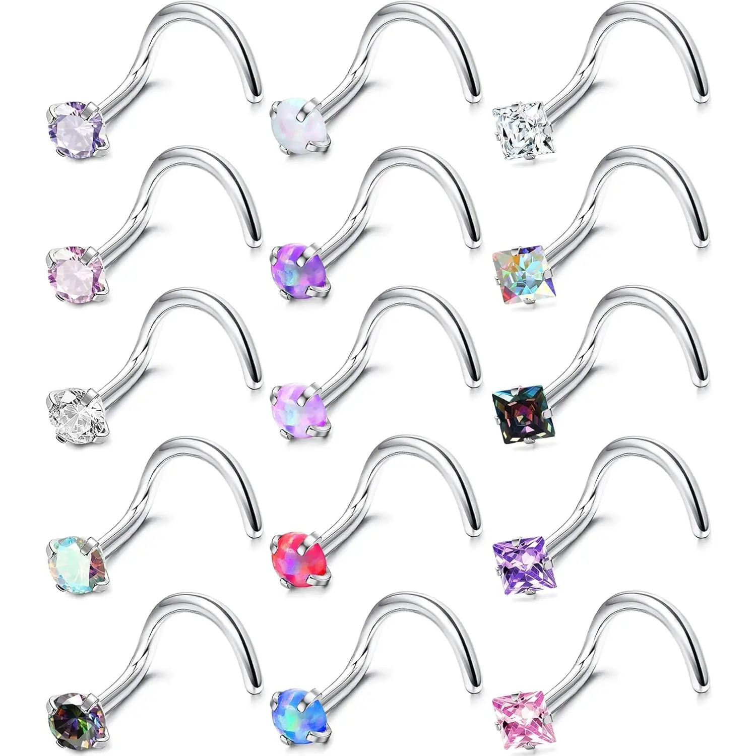 FIASASO Unisex Hypoallergenic 15Pcs 316L Surgical Steel Nose Jewelry - 18G/20G L-Shaped, Corkscrew, Straight Studs with Cubic Zirconia, Labret Lip & Nostril Piercing Accessories