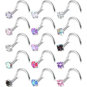 FIASASO Hypoallergenic Nose Rings for Women Men - 15Pcs 316L Surgical Stainless Steel Nose Rings Studs L Shaped/Corkscrew/Straight Studs Rings Cubic Zirconia Labret Lip Nose Nostril Piercing Jewelry 18G 20G