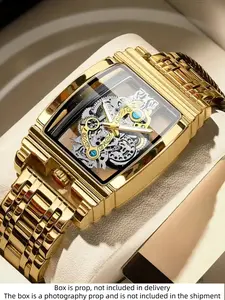 Barrel-Shaped Men's Quartz Watch, Analog Watch, 5011 Stylish All-Season Alloy Wristwatch with Automatic Movement, Skeleton Watches, Fashionable Watches, Trendy Golden and Silver Color Band