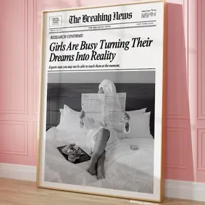 Unframe-Style Black and White Newspaper Poster Art Prints, Artistic Plaid Waterproof Wall Paintings, Vintage Home Decor for Feminine Apartment, Bathroom Wall Art, Kitchen & Room