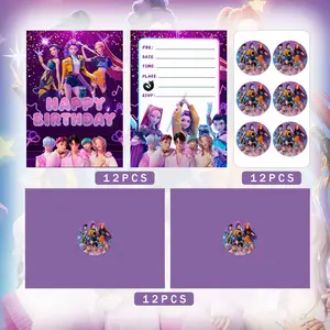 K-Pop Demon Hunter Theme Birthday Invitation Card Set, 12 Sets with Envelopes and Stickers, Kids Party Invitations, Cartoon Ip Kpop Characters Handwritten Cards