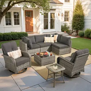 【Summer Vibes】Ovios Patio Furniture Set 8-Piece with Rocking Swivel Chairs, Outdoor Wicker Rattan Sectional Sofa Set with Cushions & Tempered Glass Coffee Table, All-Weather Conversation Set for Backyard Garden