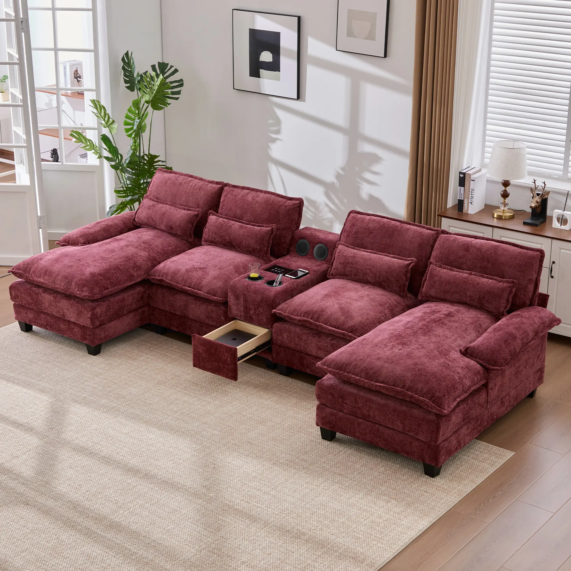 126" Modular Sectional Sofa with Storage Console, Cloud Couch Chenille U-Shaped Couch, Cup Holders & Wireless Charger, Memory Foam, Double Chaise for Living Room Office,