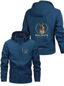 Men's Fashionable Malinois Logo Jacket, Stylish Zipper Pockets, Casual Hooded Design, Spring & Fall Polyester Outerwear