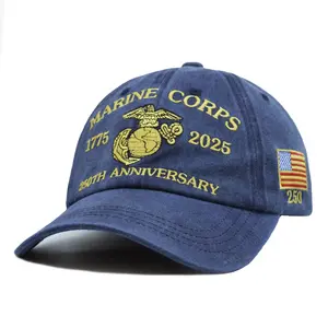 1775-2025 Marine Corps 250th Anniversary Embroidered Washed Baseball Cap - USMC Eagle Globe & Anchor, American Flag Patch, Patriotic Commemorative Hat