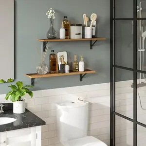 31.5-Inch Long Wall Shelves, Set of 2, Wall-Mounted with Sturdy Metal Brackets, Easy to Install, Rustic Brown Storage Ledges for Living Room, Bathroom, Bedroom, Kitchen