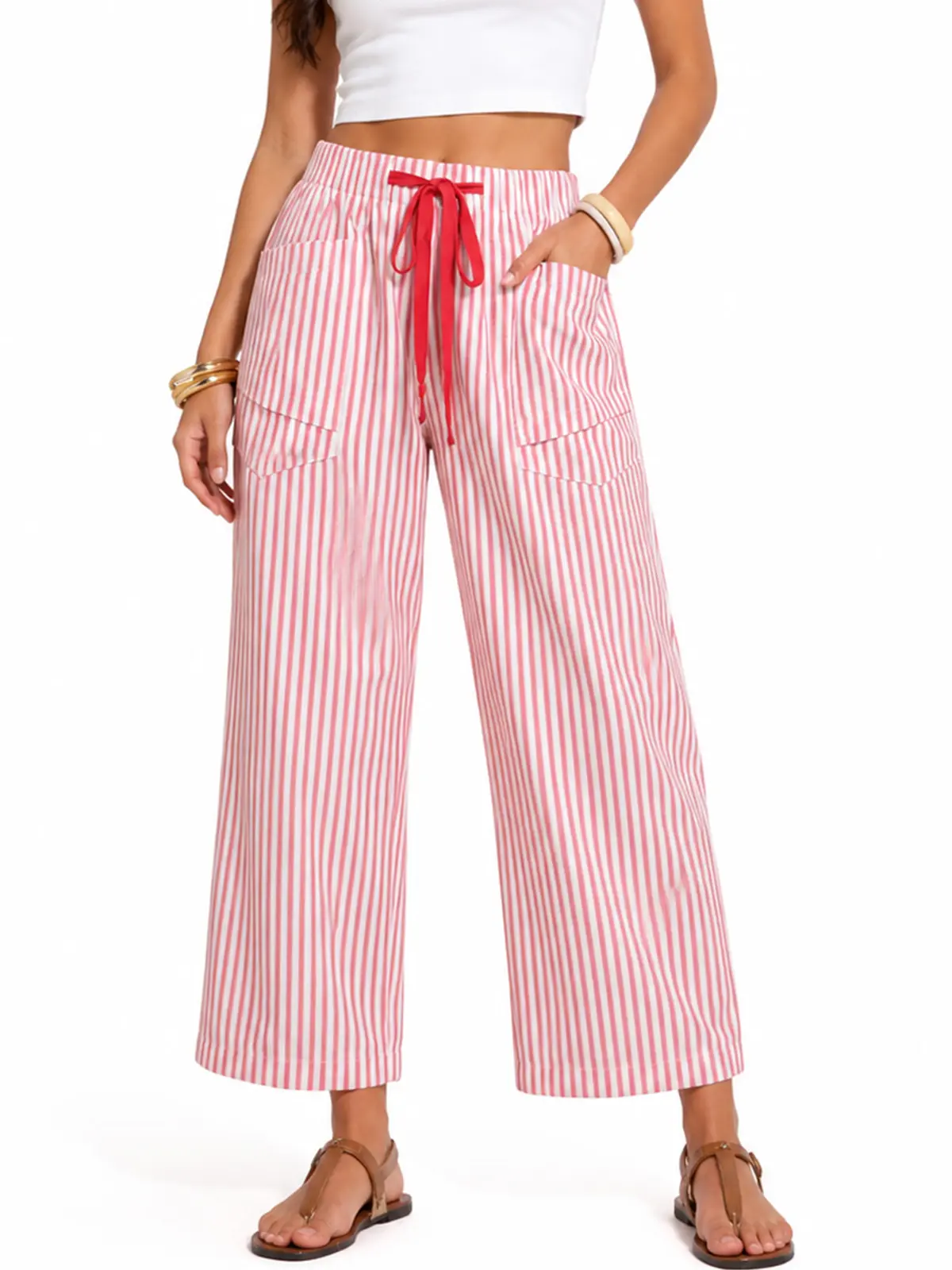 [WinaYona] Womens Faux Linen Pants Casual Drawstring Striped Capri Pants Women Loose Fit Beach Vacation Lounge Work Pants Summer Trendy Cropped Gaucho Pants for Women Travel Holiday Streetwear Baggy Pants Chic Bottom womenswear Boho Captis Trousers Adjust