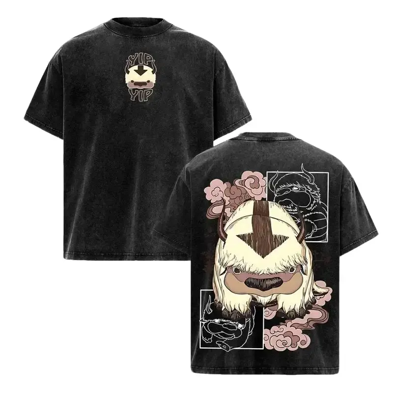 Vintage Anime Acid Wash T-Shirt Avatar The Last Airbender Appa Yip Yip Graphic Tee Heavyweight Cotton Retro Washed Streetwear Loose Fit Casual Aesthetic US Trend Gift