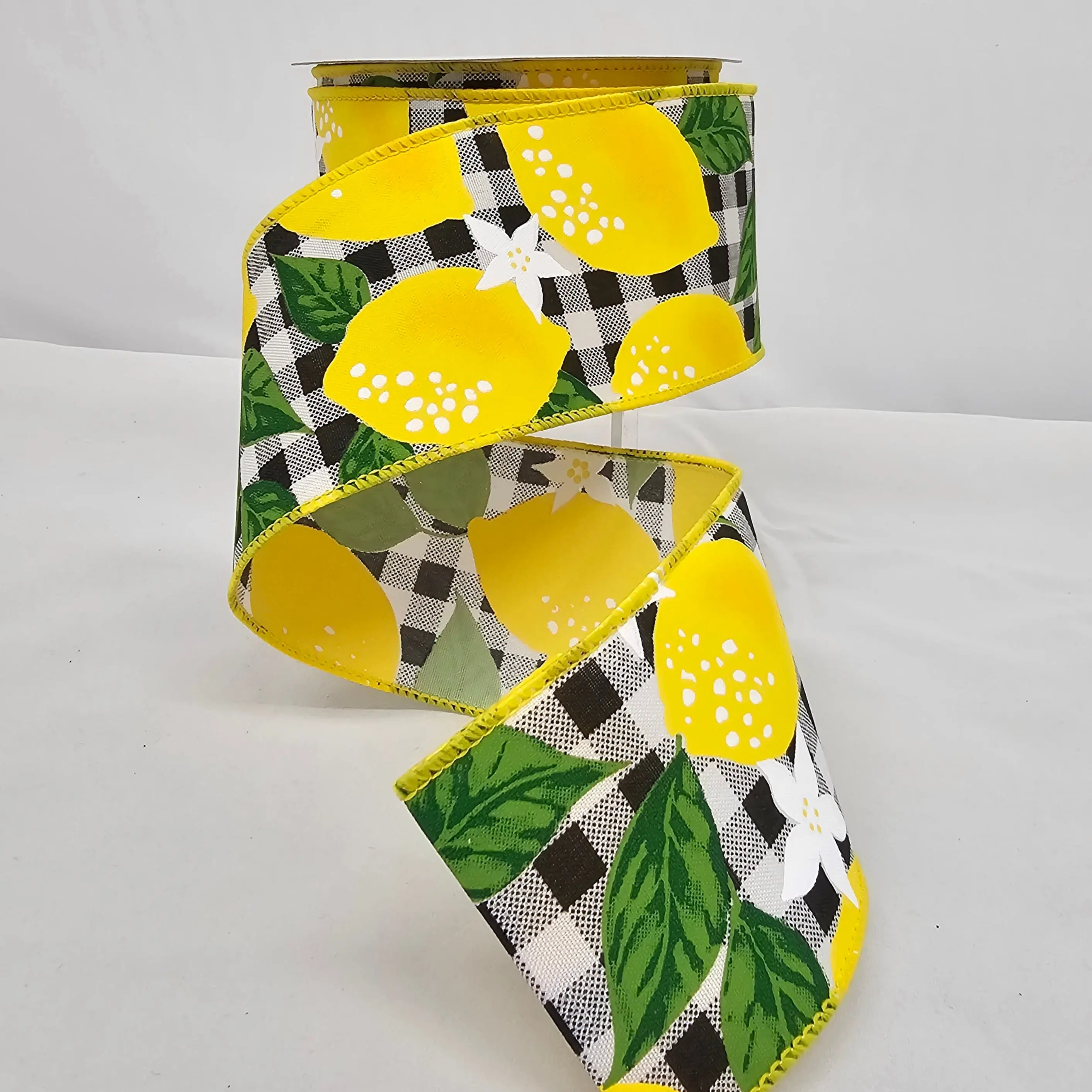 2.5"x10Y Large Black Plaid Lemon Floral Ribbon