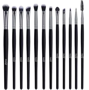 MSQ Eye Makeup Brushes 12Pcs Eyeshadow Makeup Brushes Set with Soft Synthetic Hairs & Real Longer Wood Handle for Eyeshadow, Eyelash,Eyebrow, Eyeliner, Blending, Conclear(Black)