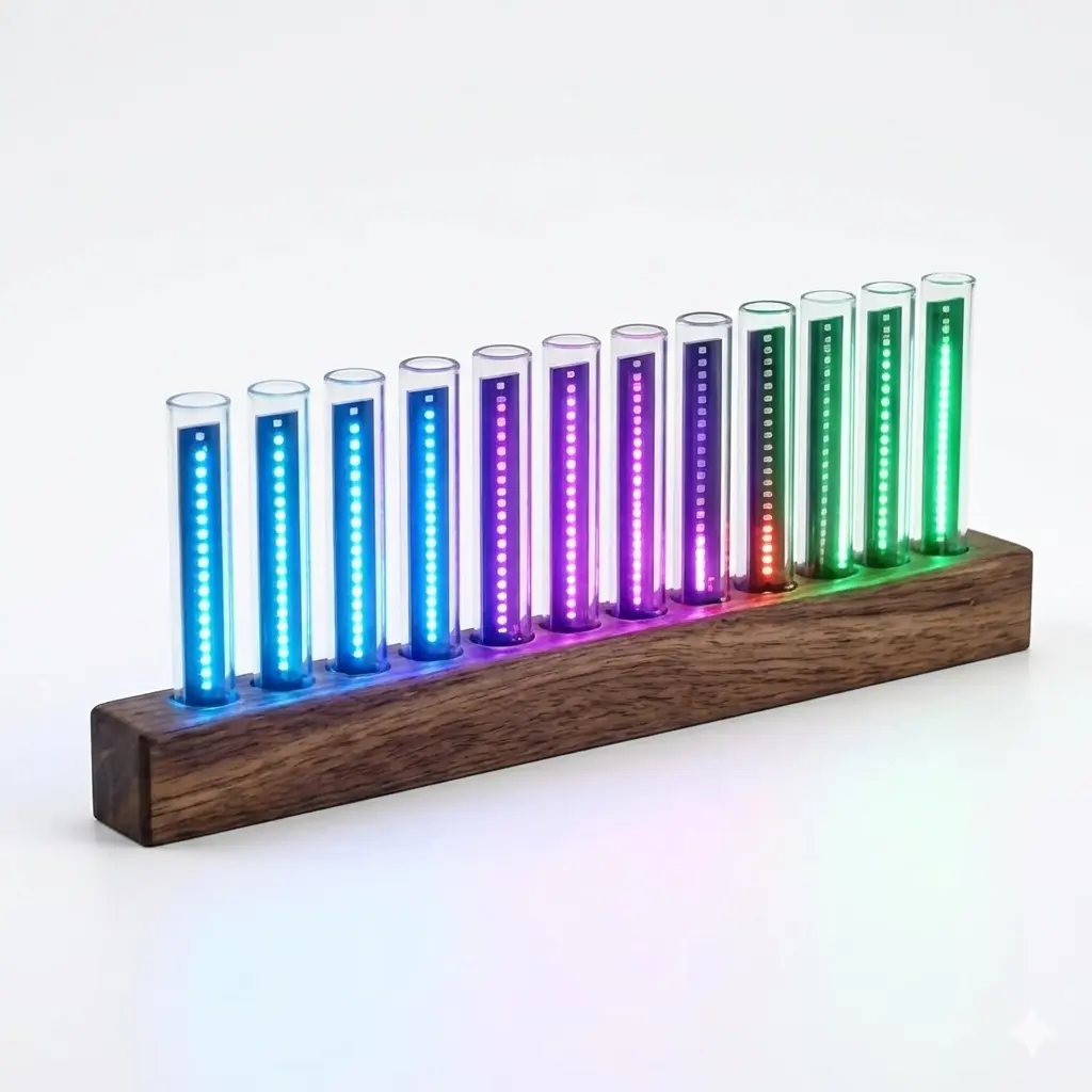 1 x LED Music Spectrum Display, 12-LED High Sensitivity Analyzer with 240 RGB Beads, USB Powered Walnut Wood Home Audio Decor with Adjustable RGB Colors & Brightness