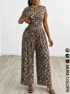 2 Piece Classic Leopard Print Fitted Short Sleeve Top & High Waist Wide Leg Pants, Versatile Casual Outfit, Clothes Womenswear