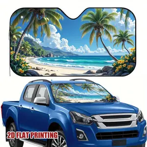 1pc 2D Flat Modern Windshield Sunshade for Car - Beach Palm Trees Design, 100% Polyester, UV Protection & Heat Dissipation, Foldable & Portable, Fit for All Vehicles, Holiday Fit, Durable Sunshade, UV Protective Sunshade