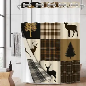 1pc hookless shower curtain with buckle lining, brown and black checkered deer and tree patchwork design, 2D flat printing, fabric waterproof lining, see-through double-layer shower curtain, 71 x 74 inches, modern home draping curtain.