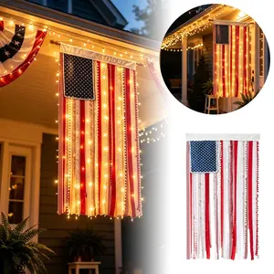 Lighted Patriotic Rag Flag With Remote Control LED Fairy Lights, 50x27in Vintage Tassel Garland For Outdoor Yard Porch, Summer Independence Day Celebration Aesthetic Wall Hanging Decor For Homeowners