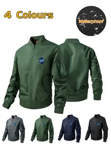Men's Nasa Print Pilot Jacket with Waterproof Nylon Fabric, Fitted Long Sleeve Baseball Collar, Multi-Pocket Casual Wear for Fall & Winter