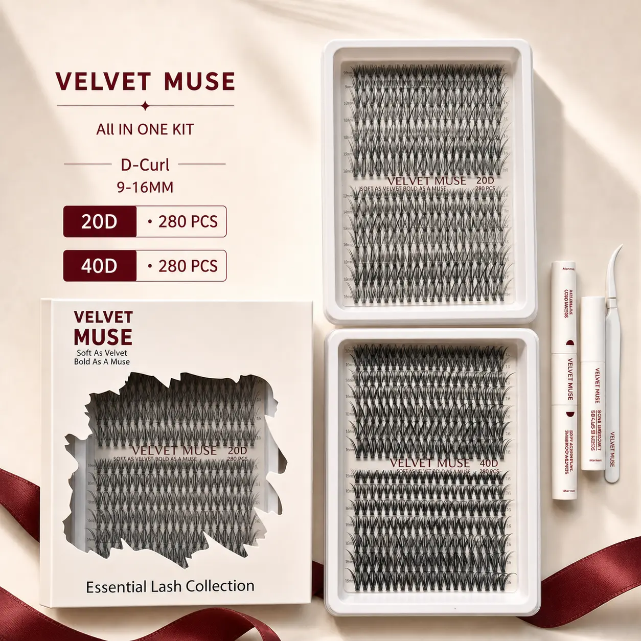 Velvet Muse Essential All-in-1 False Eyelash Kit, D-Curl, 9-16mm Length, 20D + 40D Thickness, 280pcs + 280pcs Lash Set for Makeup