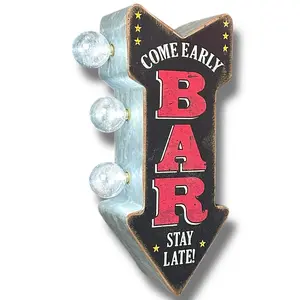 BAR Come Early Stay Late! Arrow Shaped Double-Sided Marquee Sign With Vintage Retro Inspired Design