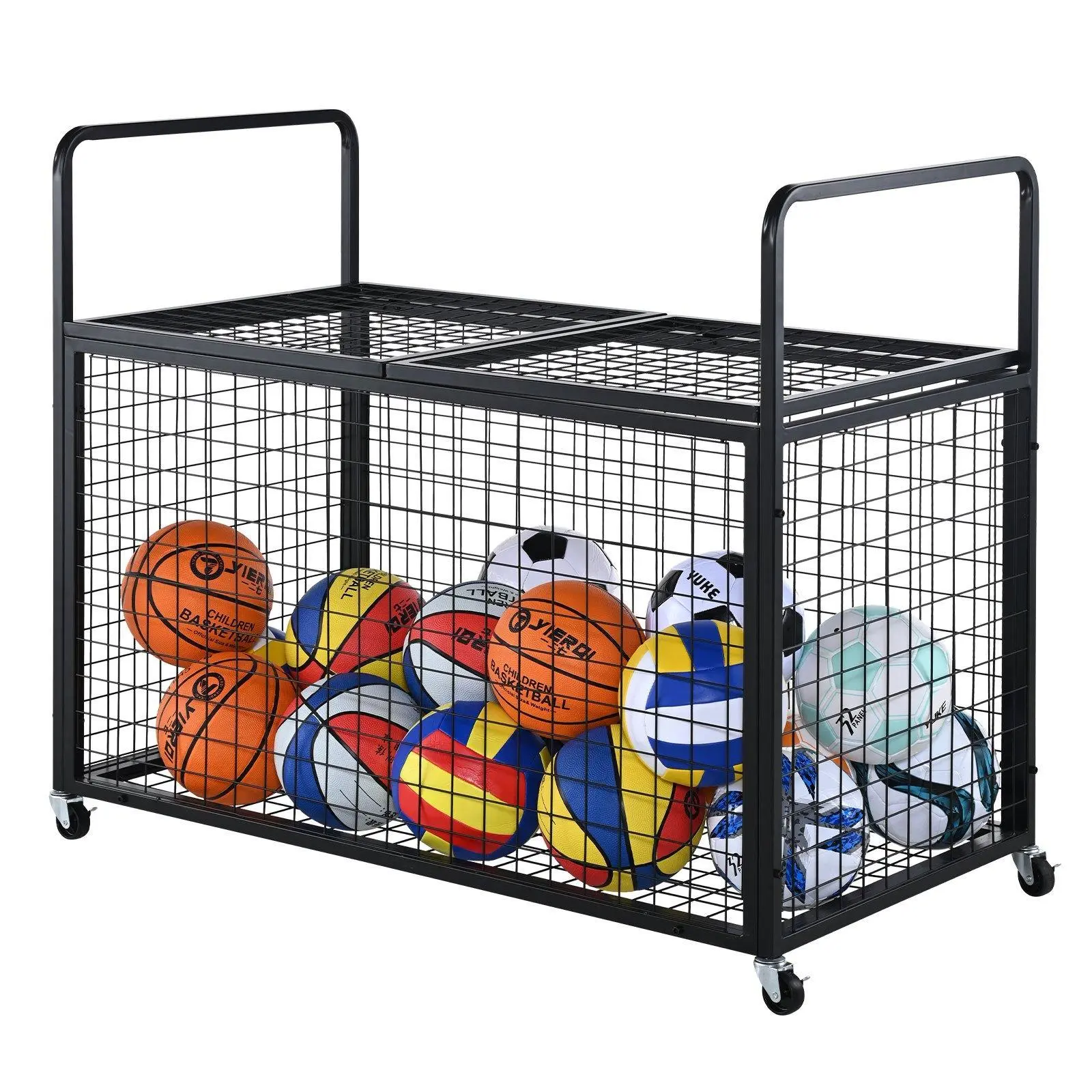 【SummerFinds】VEVOR Durable Metal Rotatable Sports Ball Storage Cart Organizer, Lockable Basketball-Rugby Cage with Double Lids & Latches, Multifunctional Rolling Rack Heavy Load Holder for Garage, Outdoors, Freestanding Storage Rack