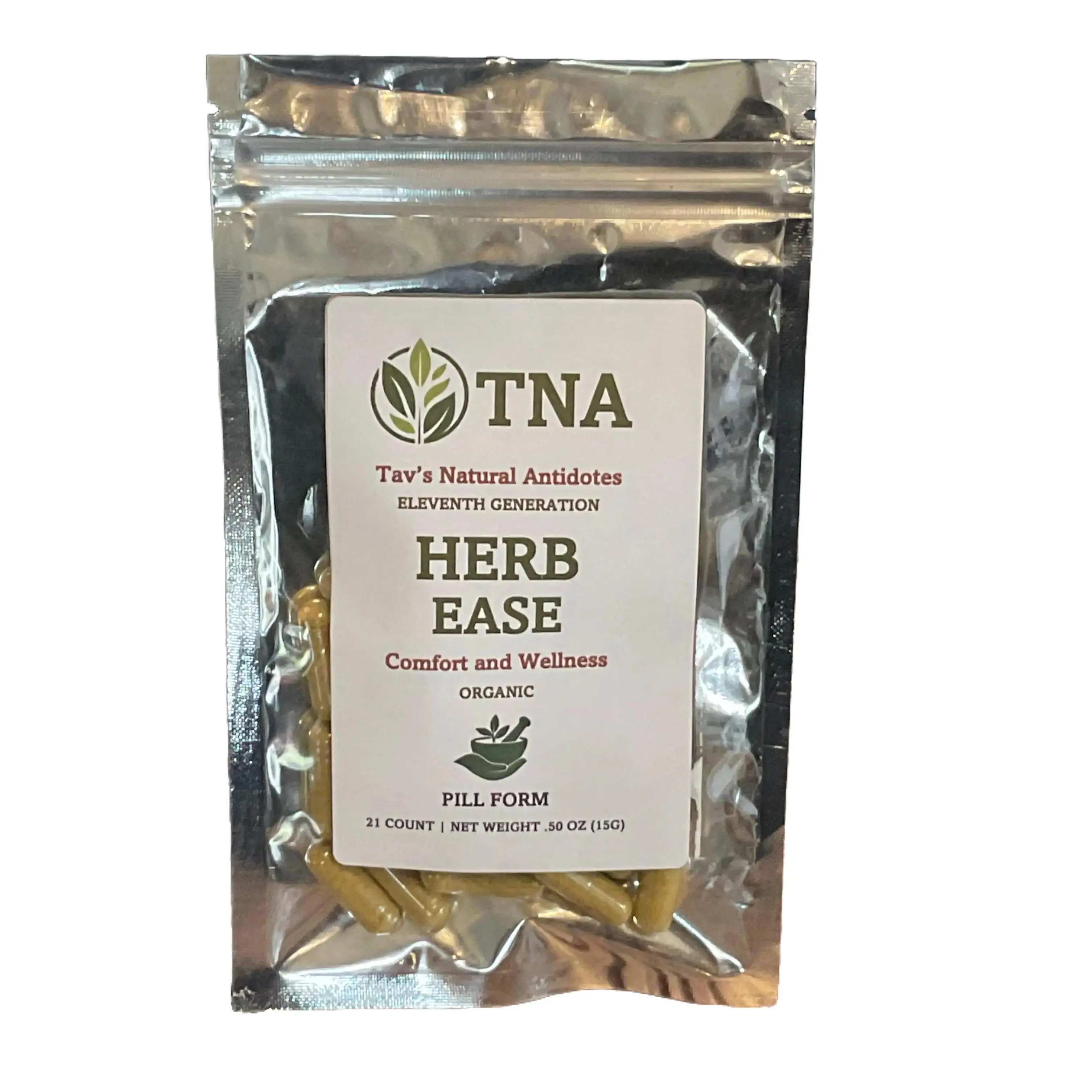 Tav's Natural Antidotes HERB EASE POWDERED TEA Organic Pill Form 21 Count 0.50 oz US Made for Comfort & Wellness Herbal