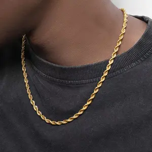 Gold Rope Chain Necklace for Men, 14K Gold Plated Twist Chain, Hip Hop Style